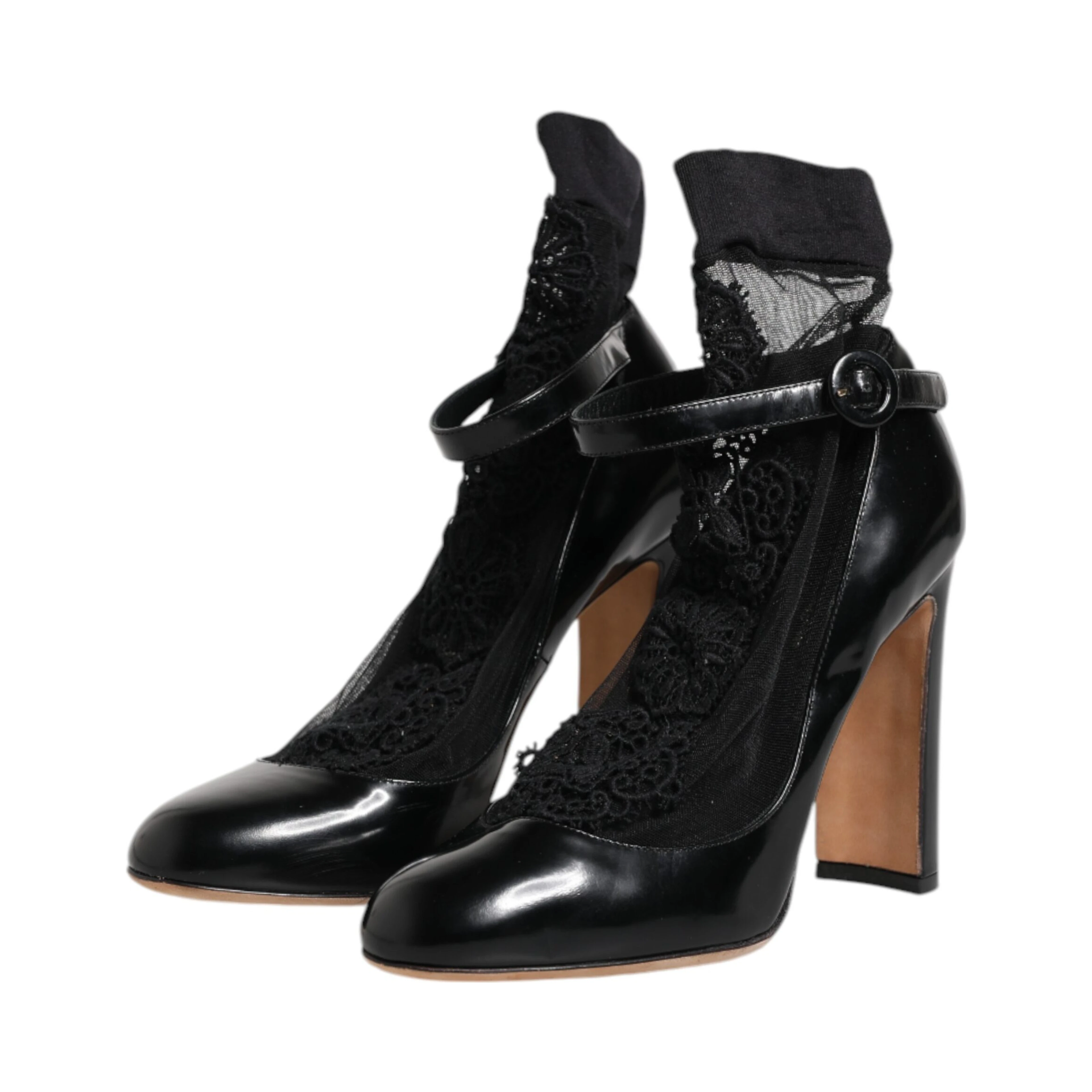 Black Leather Lace Socks Heels Pumps Shoes