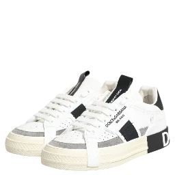 White Black Leather Low Top Sneakers Shoes