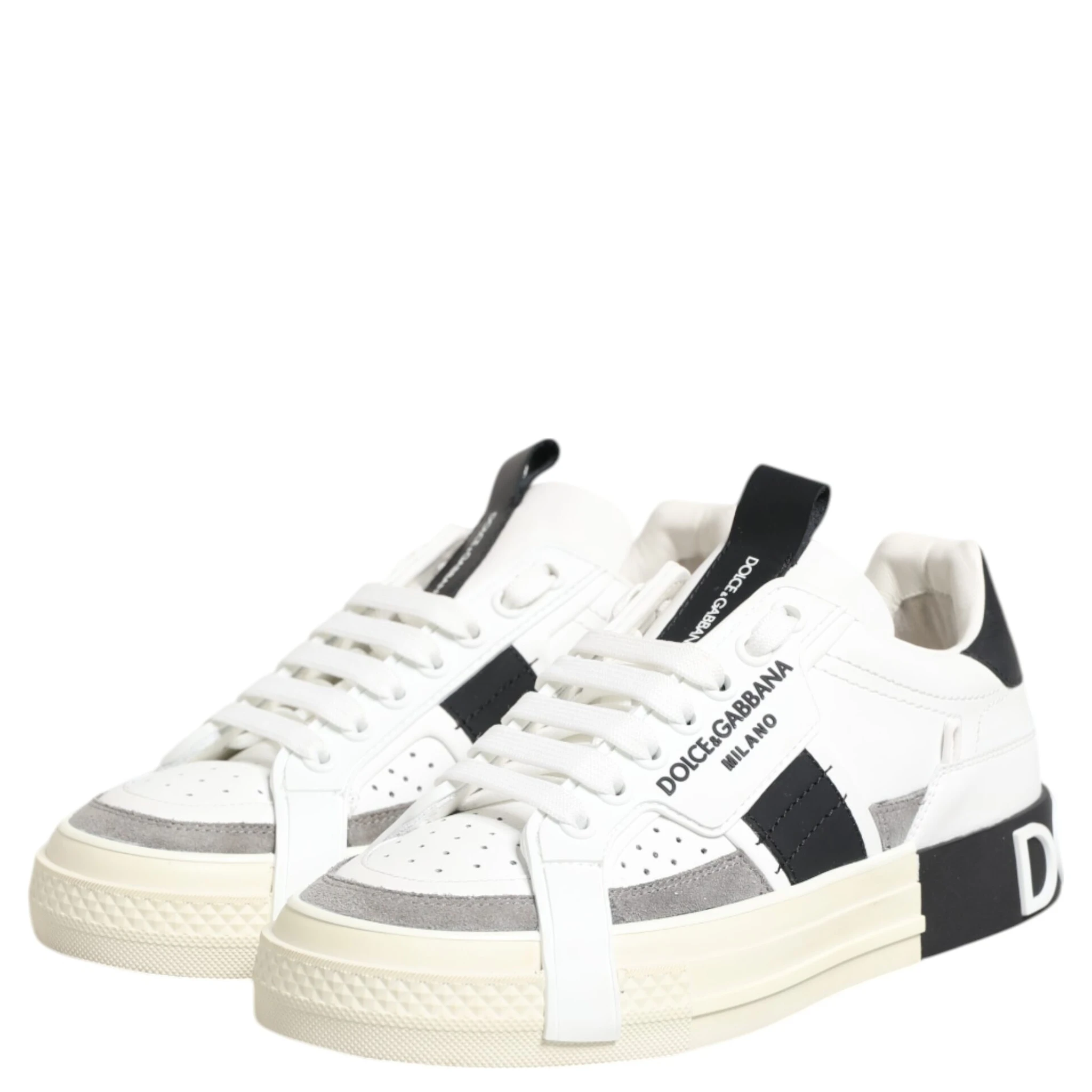 White Black Leather Low Top Sneakers Shoes