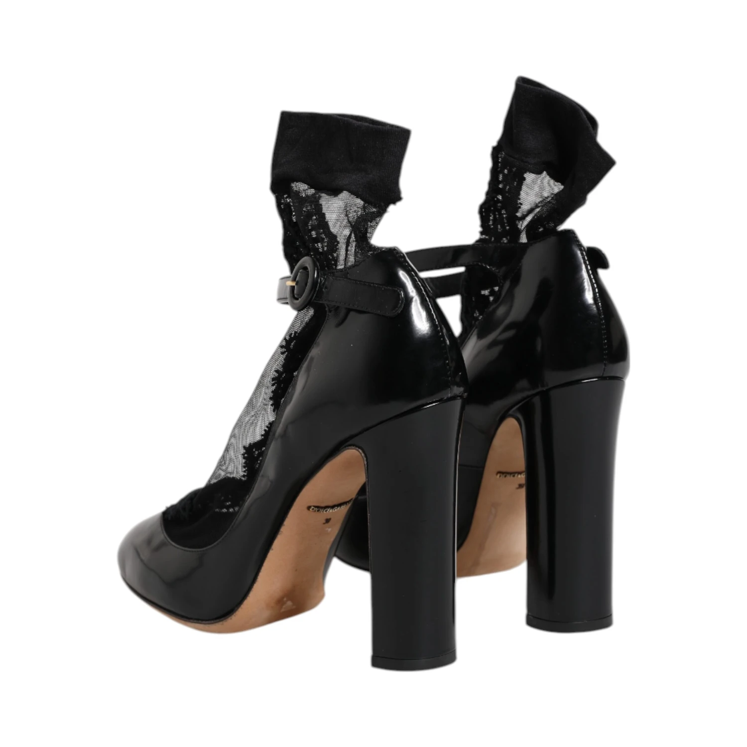 Black Leather Lace Socks Heels Pumps Shoes