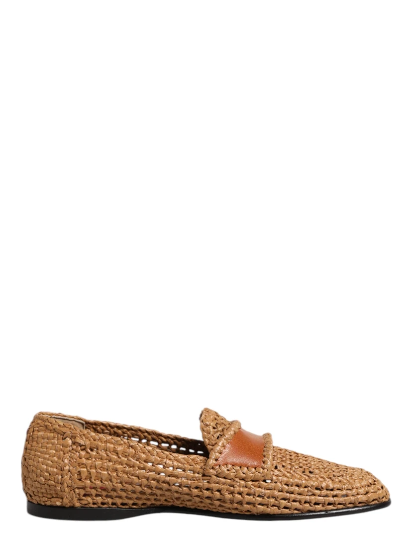 Brown Woven Raffia Slip On Loafers Shoes