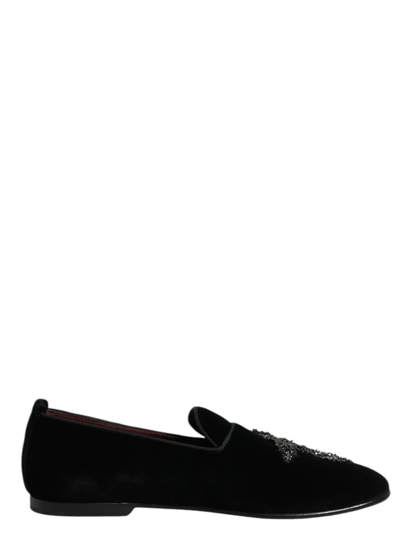 Black Velvet Embellished Loafer Slip On Shoes