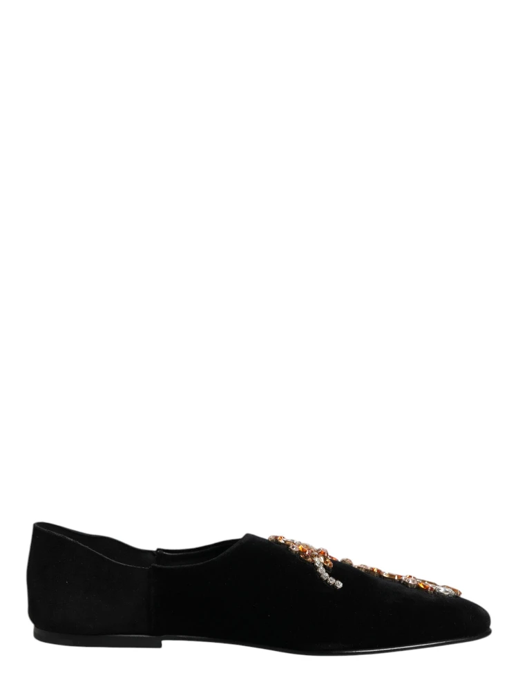 Black Velvet Embellished Loafer Slip On Shoes