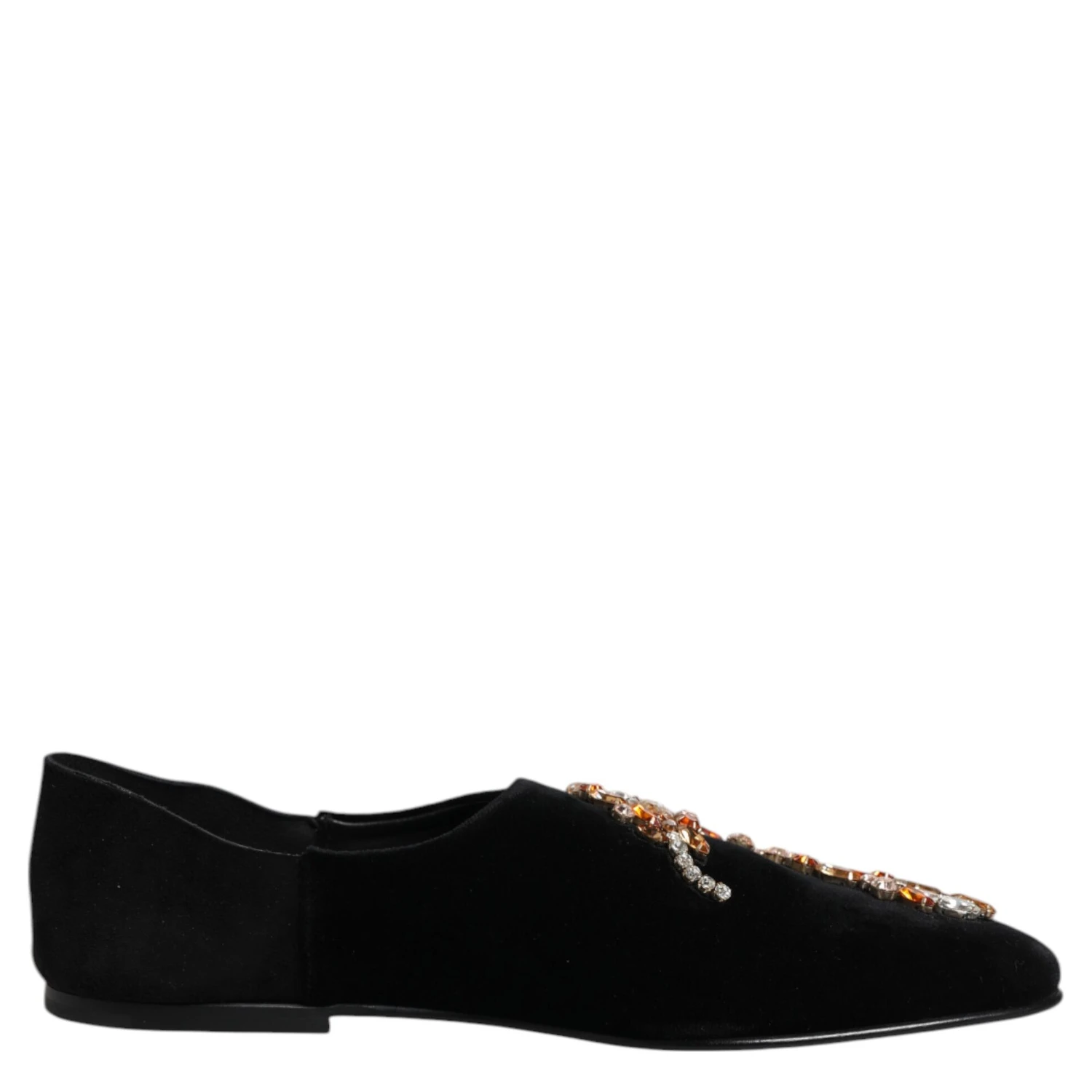 Black Velvet Embellished Loafer Slip On Shoes