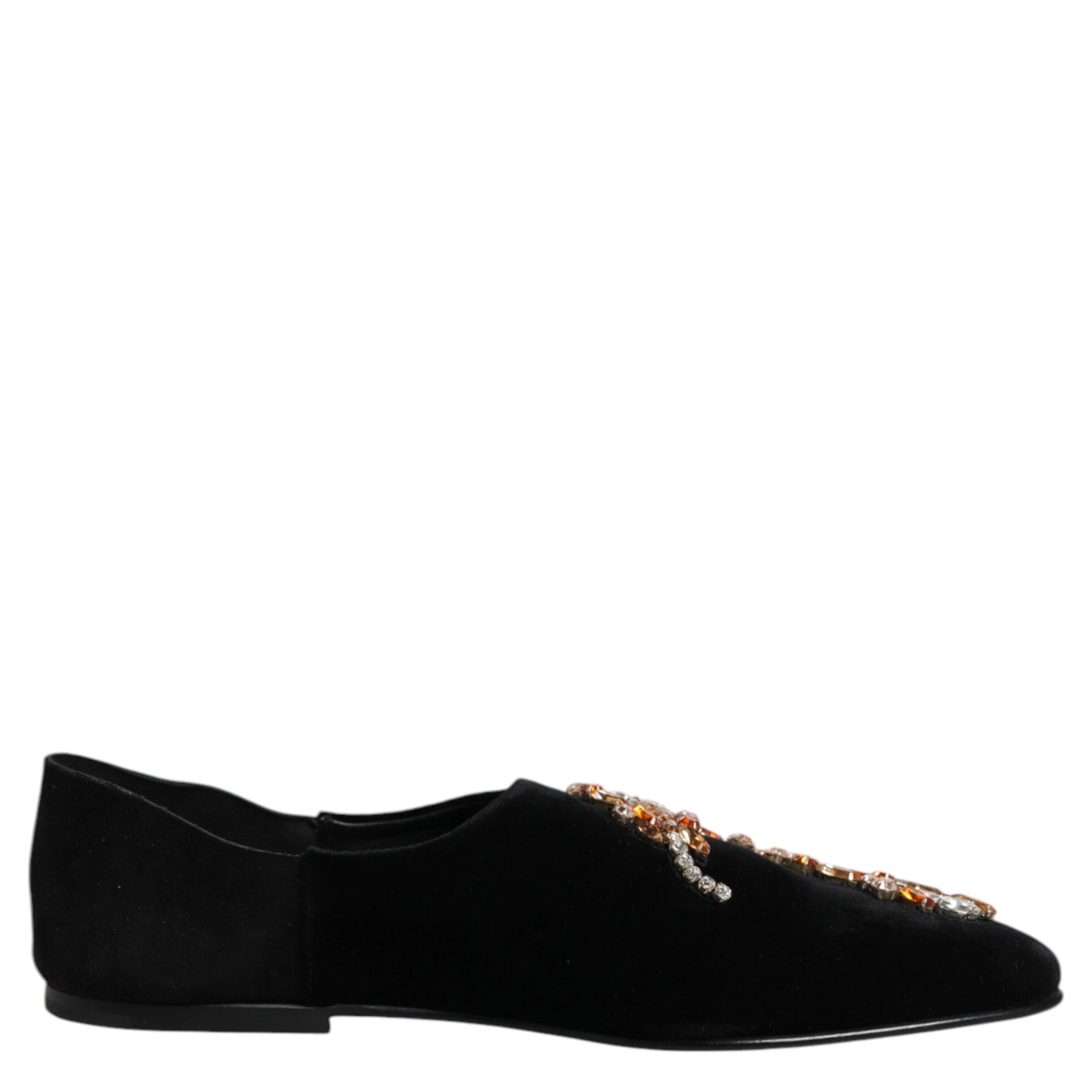 Black Velvet Embellished Loafer Slip On Shoes