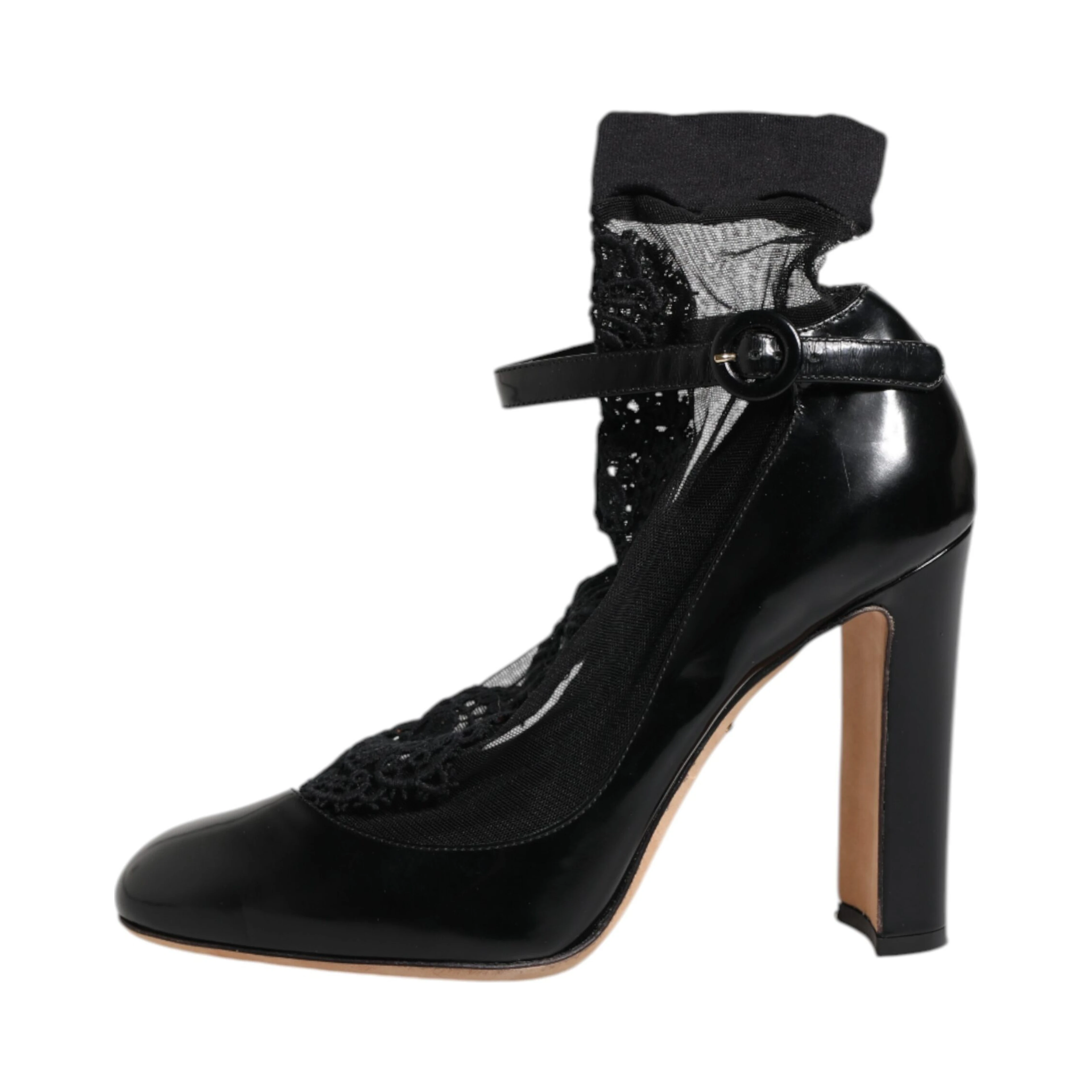 Black Leather Lace Socks Heels Pumps Shoes