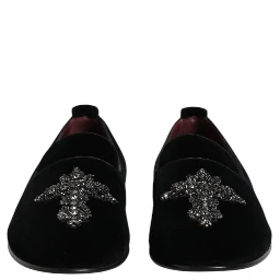 Black Velvet Embellished Loafer Slip On Shoes