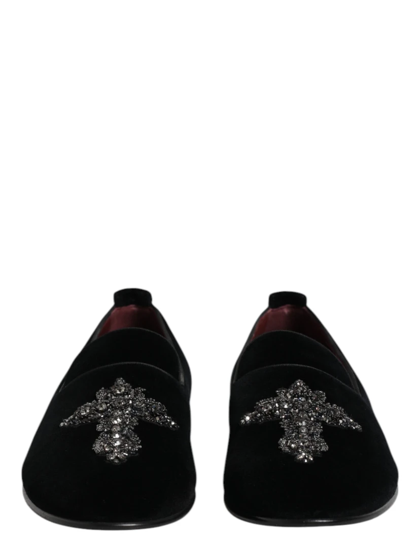 Black Velvet Embellished Loafer Slip On Shoes