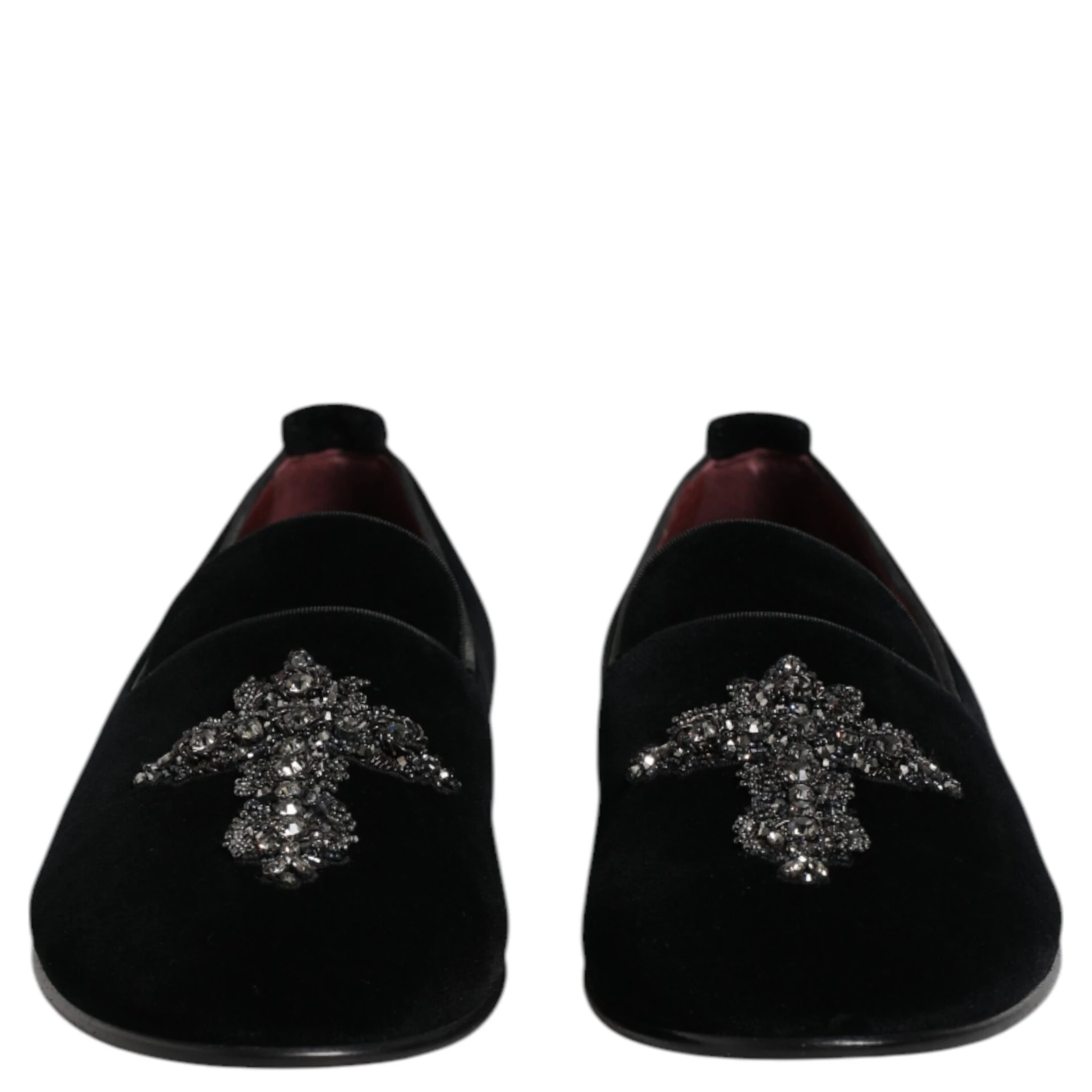 Black Velvet Embellished Loafer Slip On Shoes