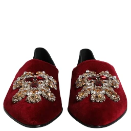 Black Red Velvet Embellished Slip On Shoes