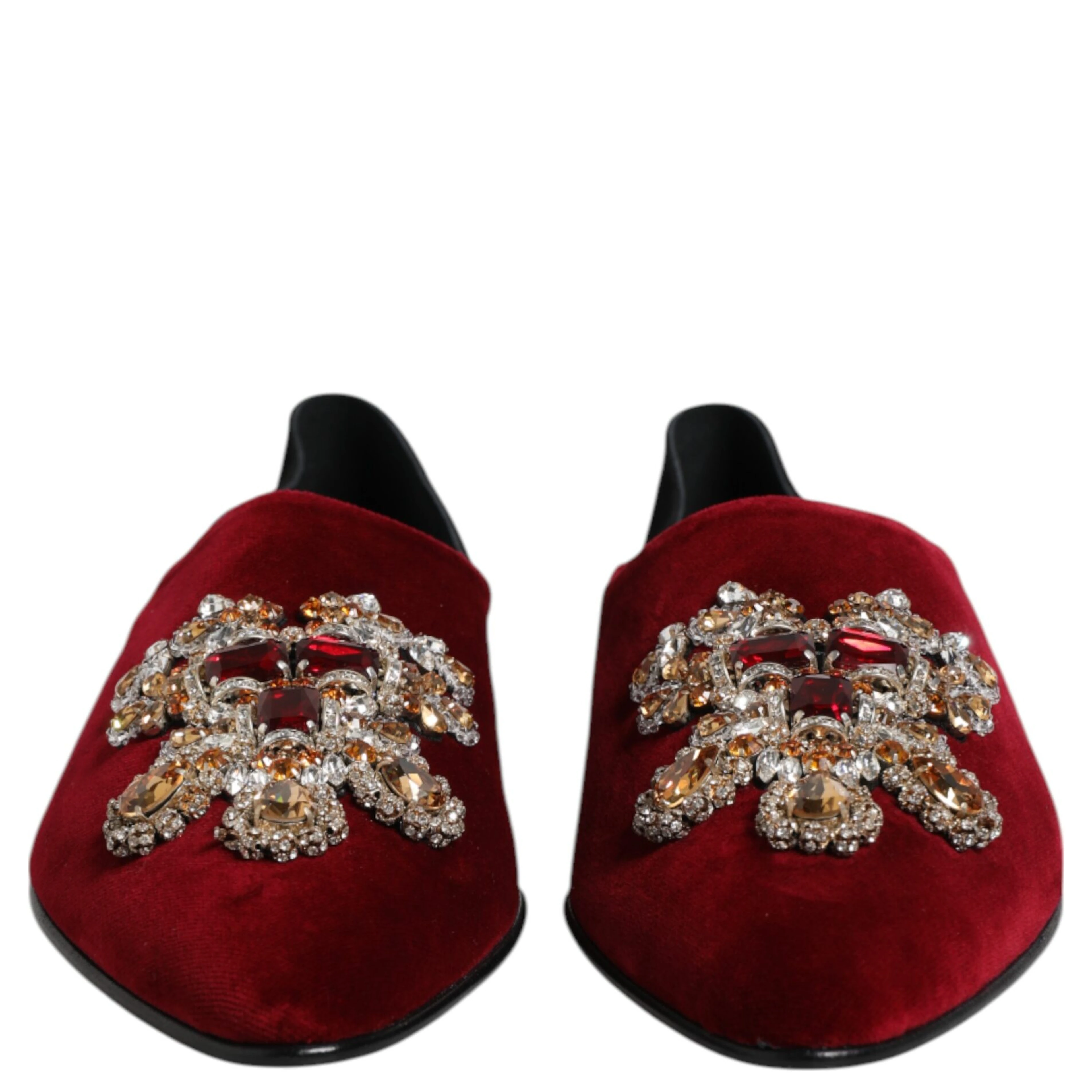 Black Red Velvet Embellished Slip On Shoes