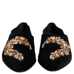 Black Velvet Embellished Loafer Slip On Shoes