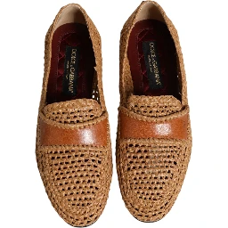 Brown Woven Raffia Slip On Loafers Shoes