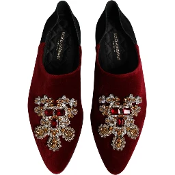 Black Red Velvet Embellished Slip On Shoes