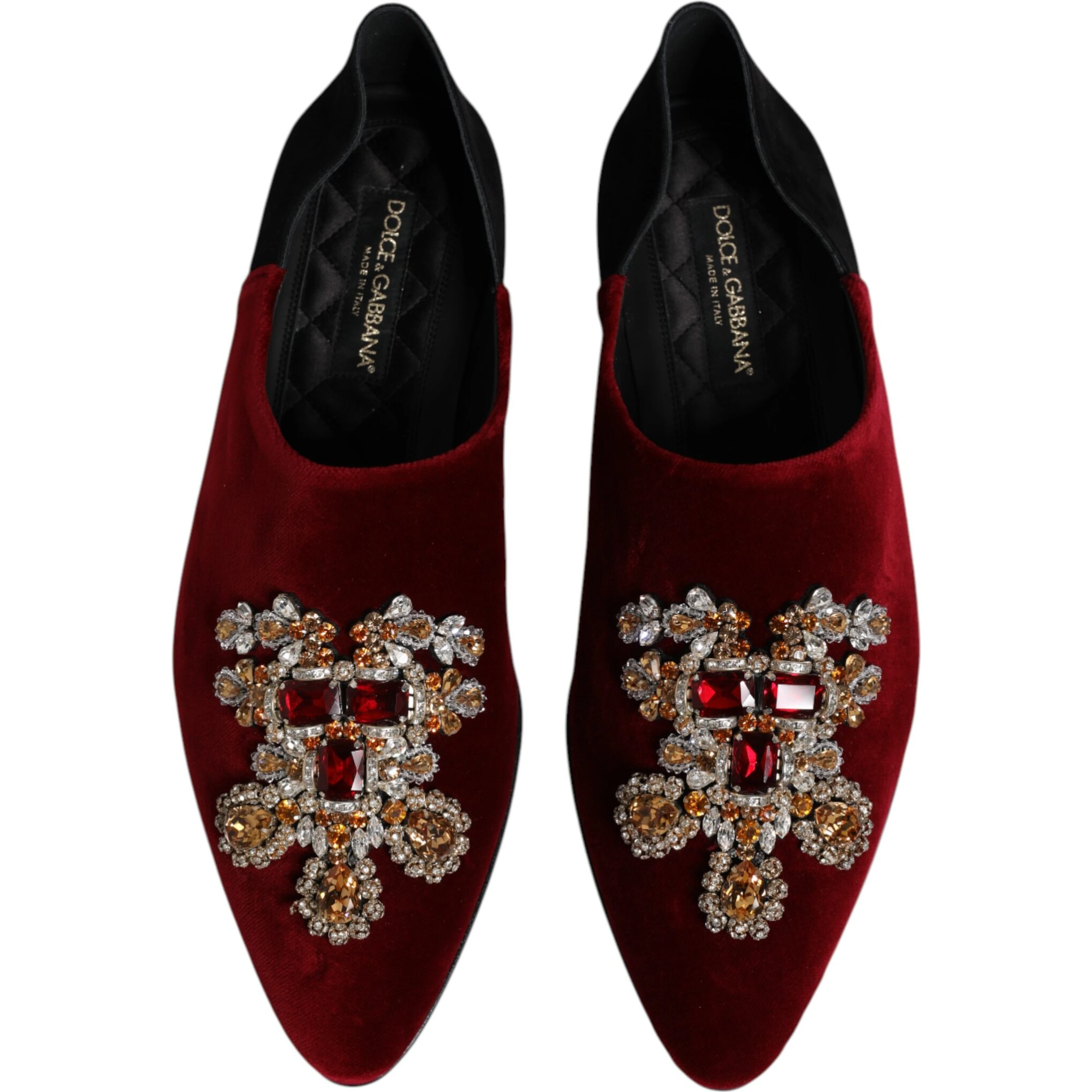Black Red Velvet Embellished Slip On Shoes