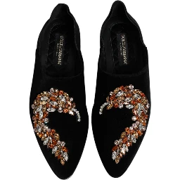 Black Velvet Embellished Loafer Slip On Shoes
