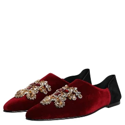 Black Red Velvet Embellished Slip On Shoes