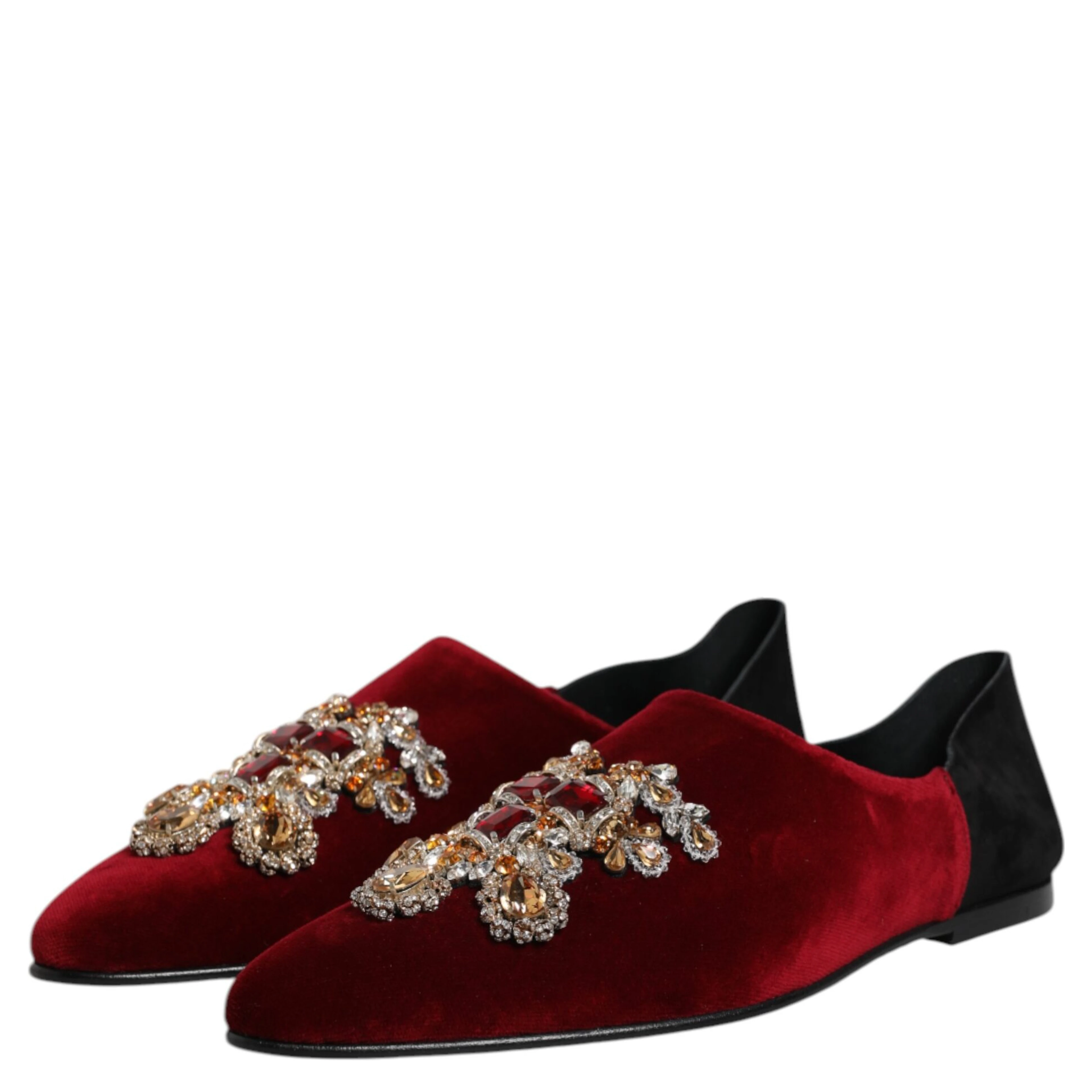 Black Red Velvet Embellished Slip On Shoes