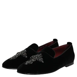 Black Velvet Embellished Loafer Slip On Shoes