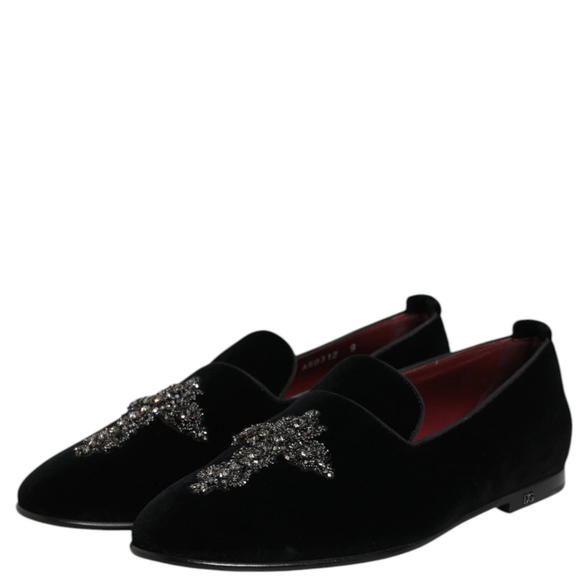 Black Velvet Embellished Loafer Slip On Shoes