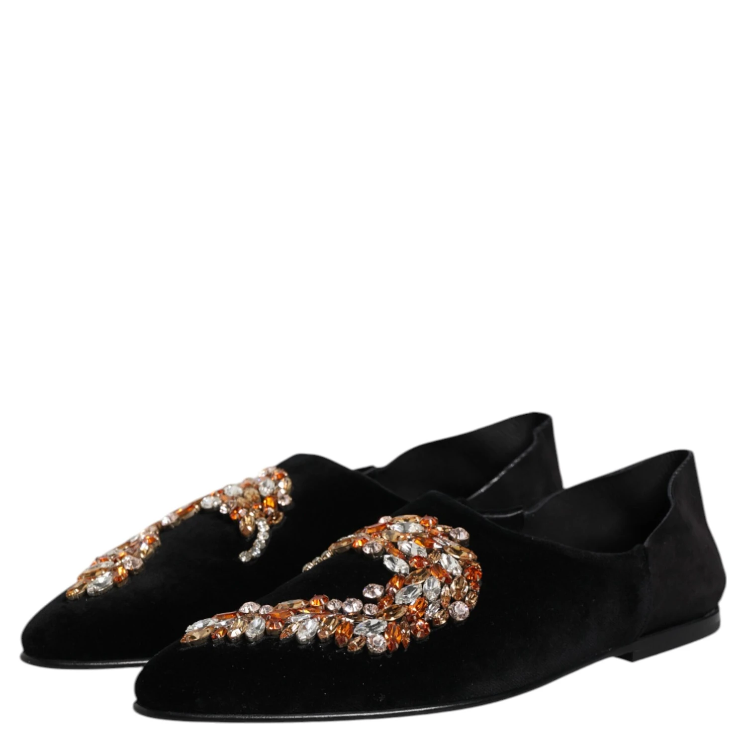 Black Velvet Embellished Loafer Slip On Shoes