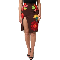Brown Floral High Waist Side Slit Skirt