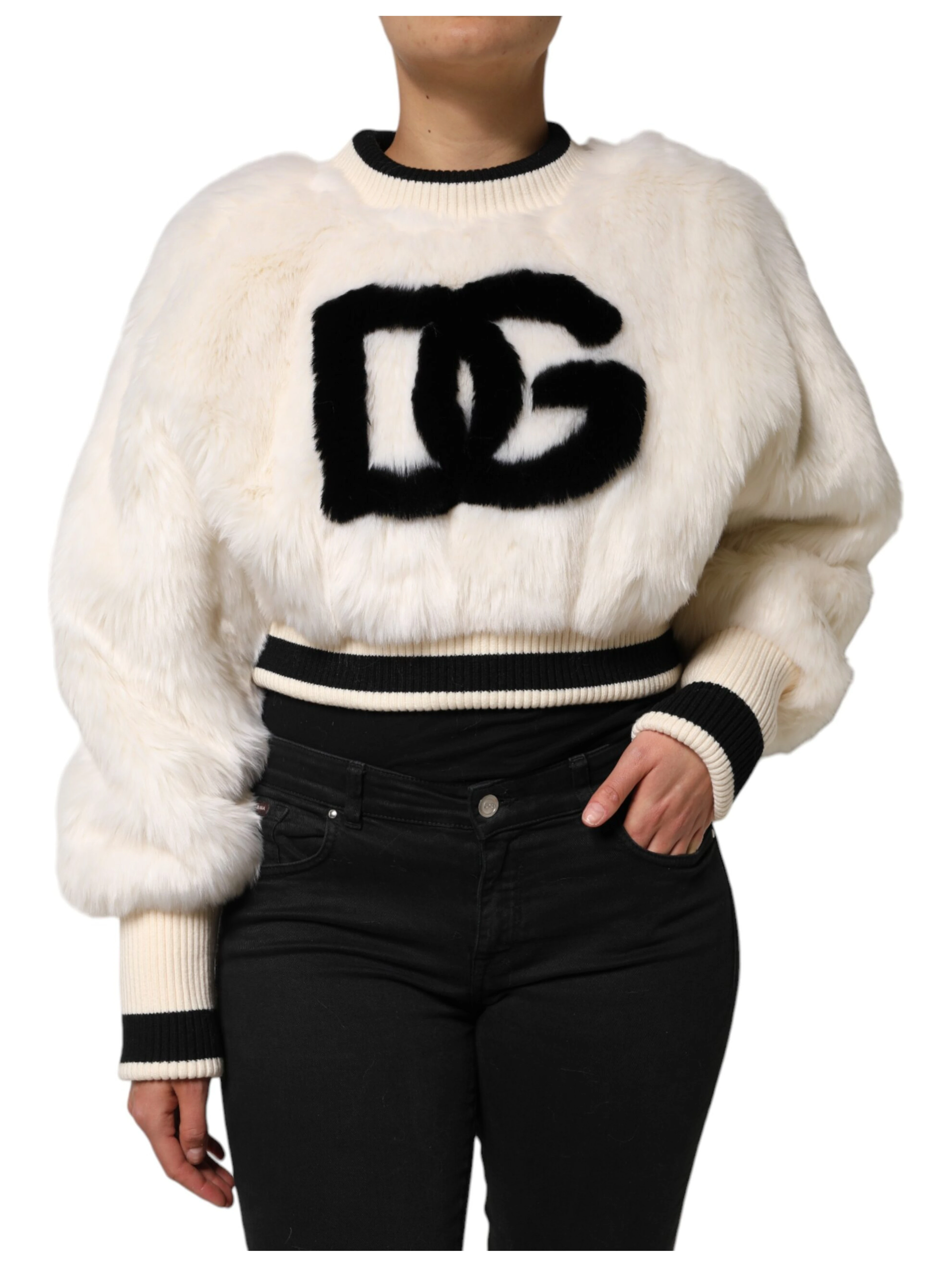 White Cropped Faux Fur DG Sweatshirt Sweater