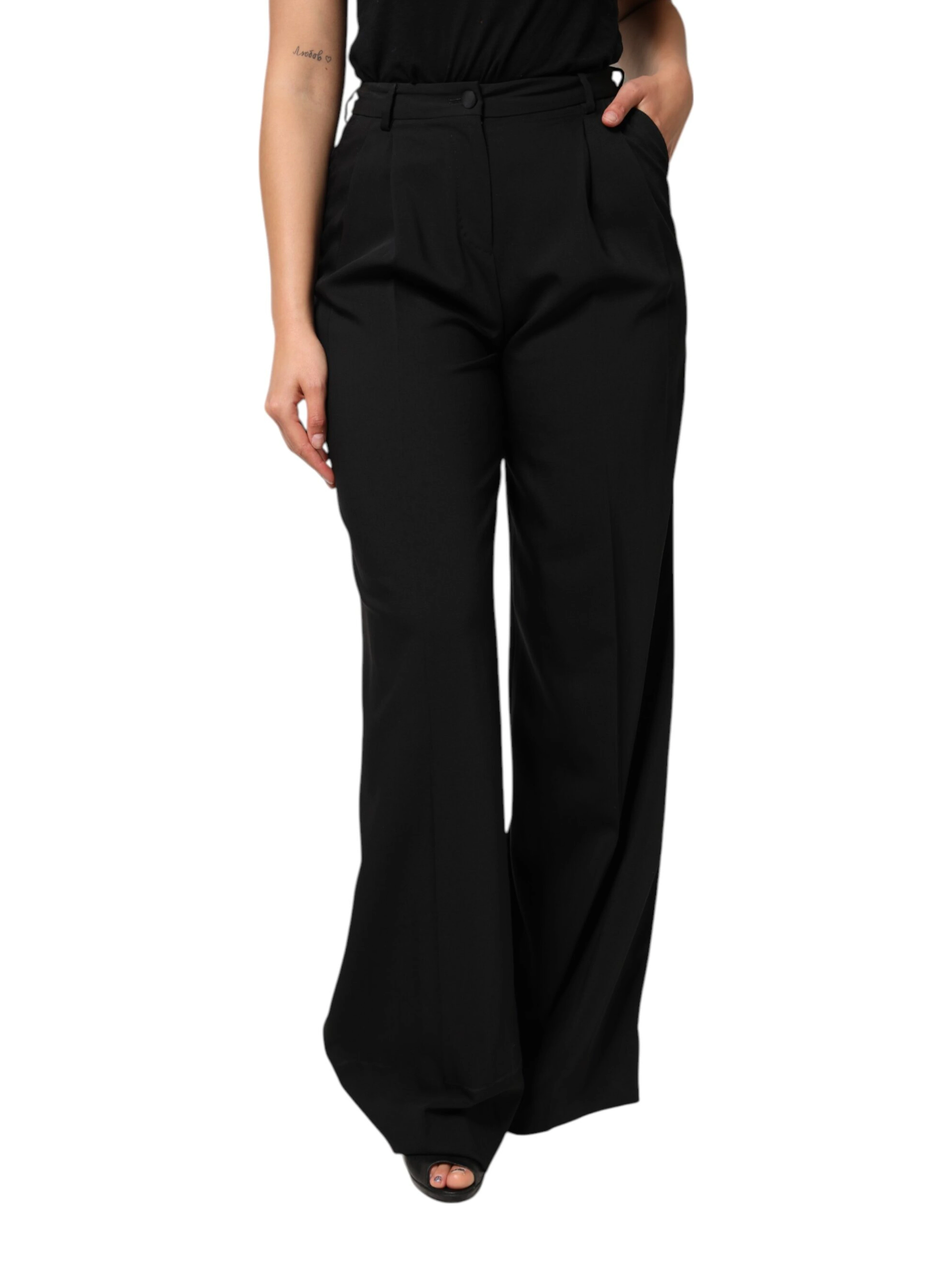 Black Wool High Waist Wide Leg Pants