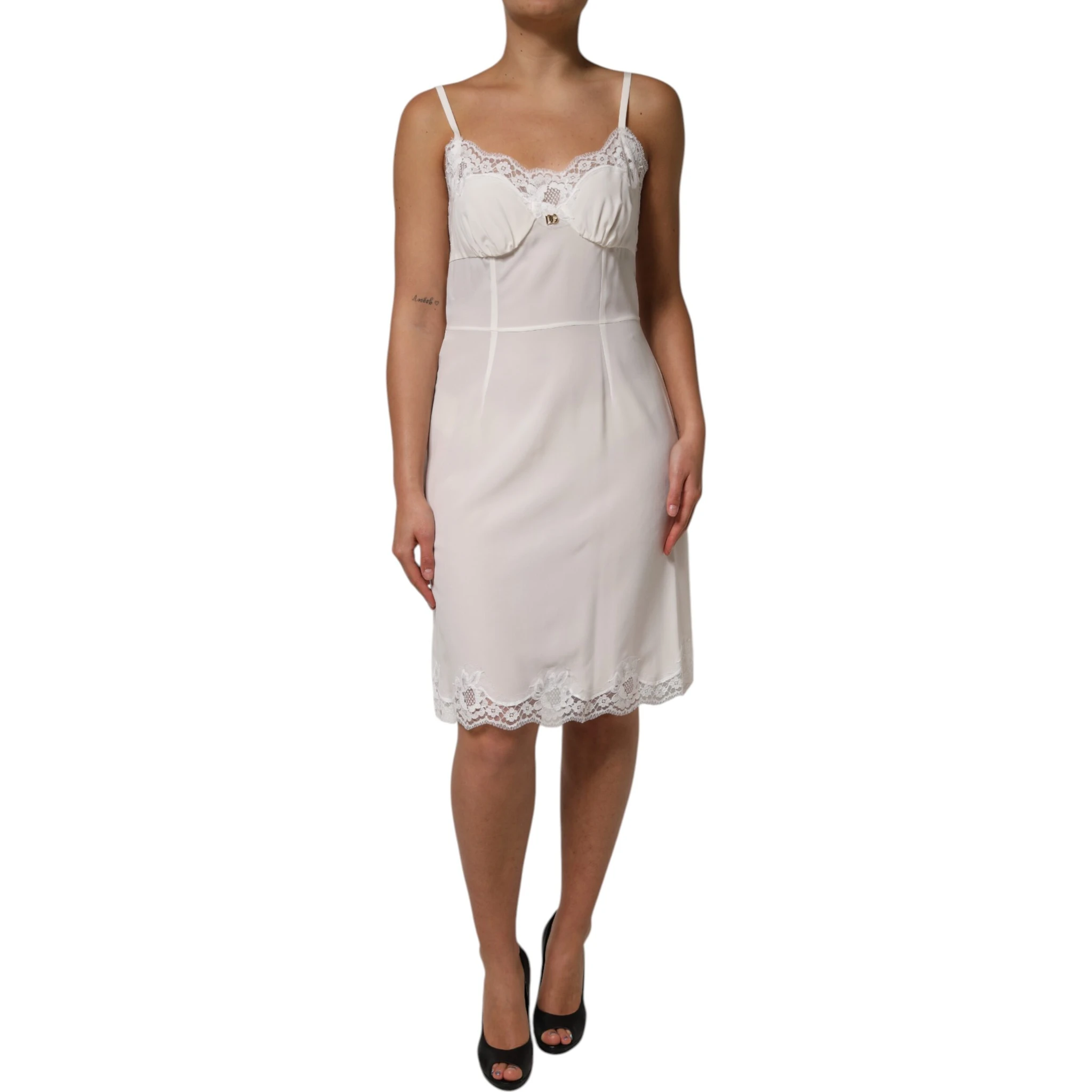 White Lace Gold DG Logo Silk Dress Sleepwear
