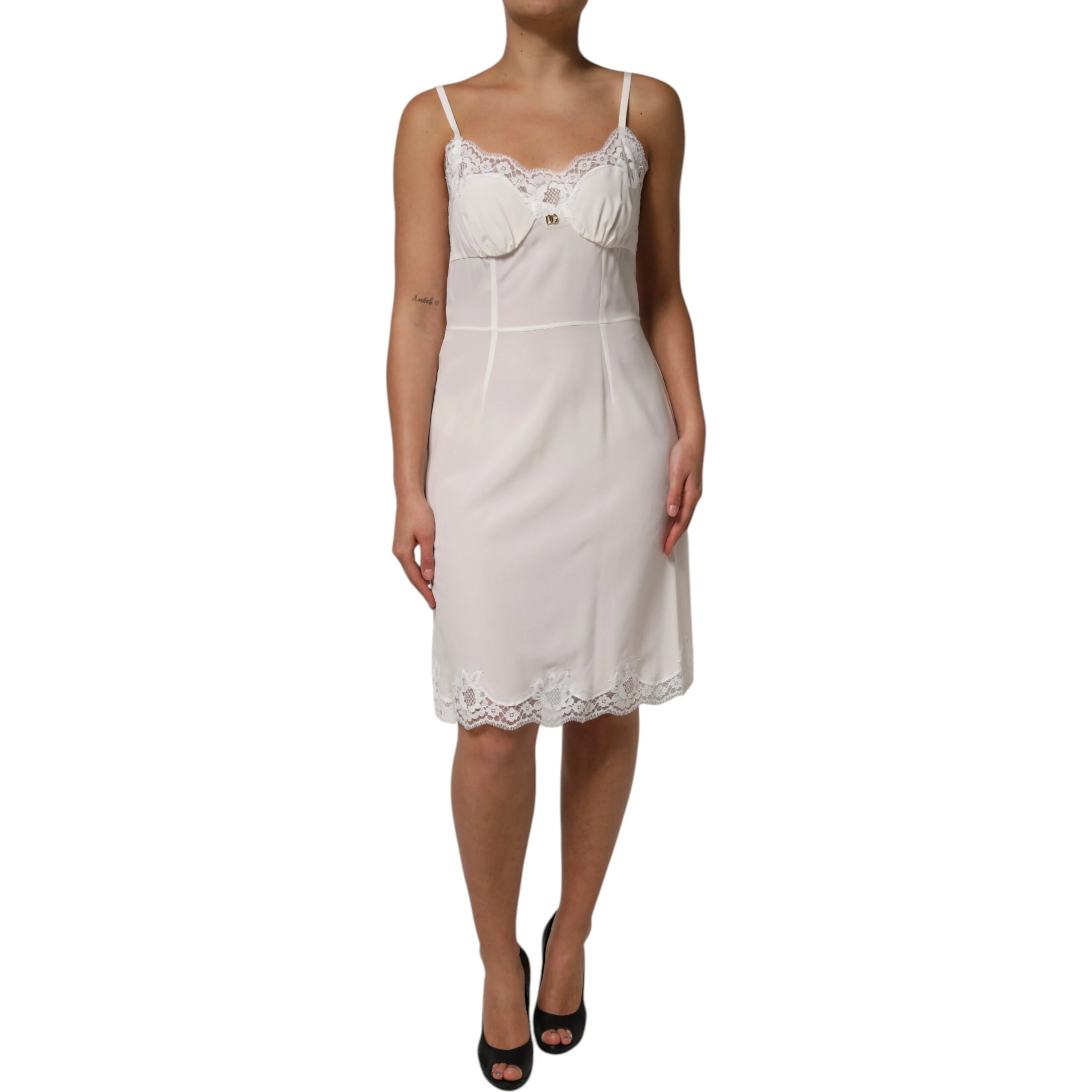 White Lace Gold DG Logo Silk Dress Sleepwear