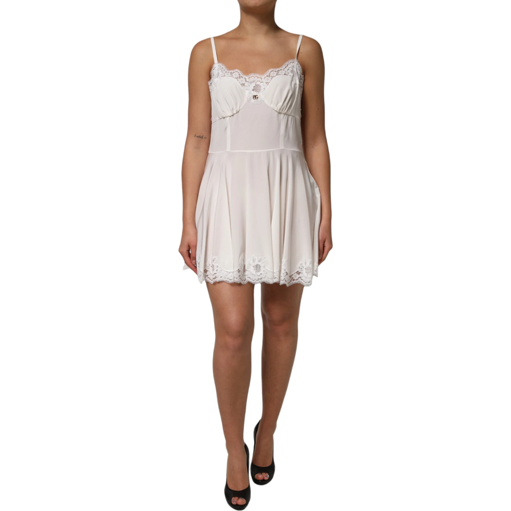 White Lace Gold DG Logo Silk Dress Sleepwear