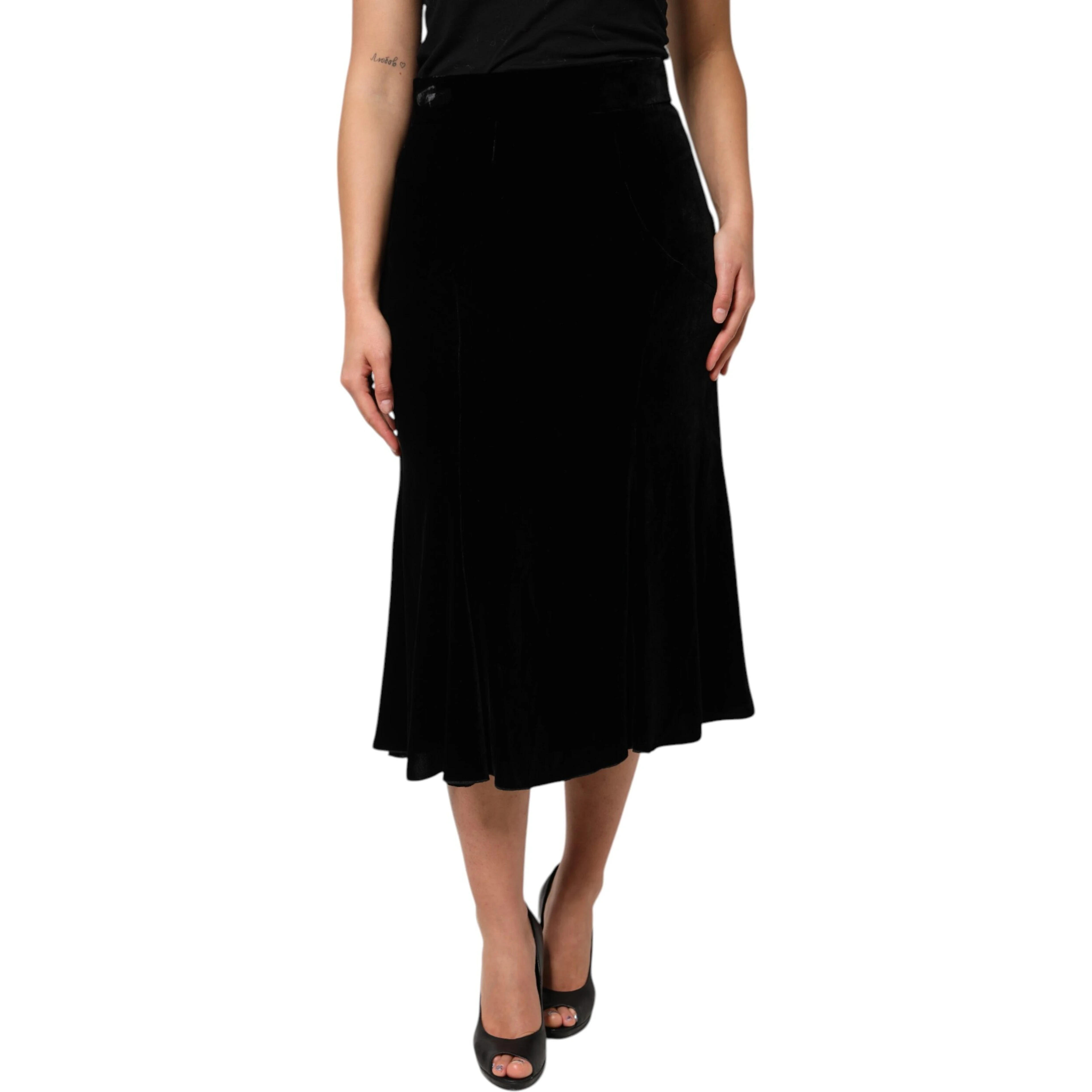 Black High Waist Fit Flared Midi Skirt