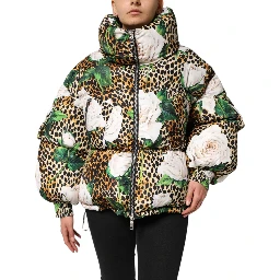 Multicolor Leopard Rose Puffer Quilted Jacket