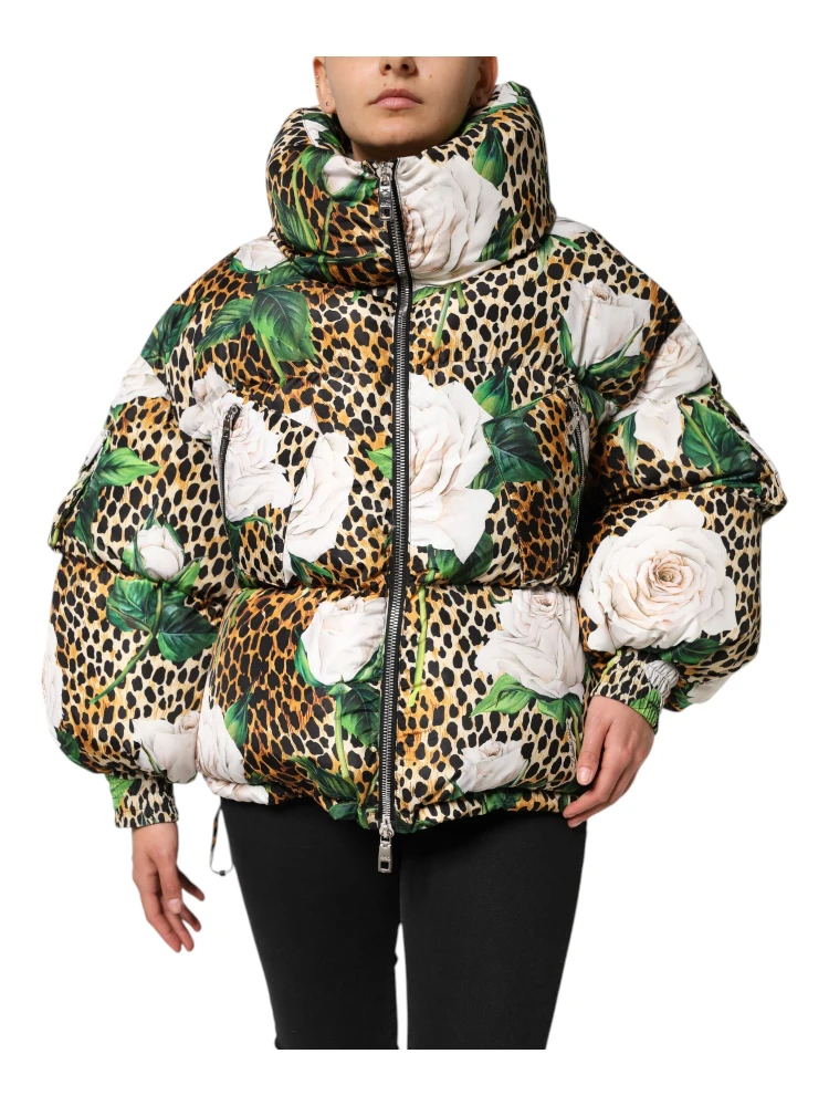 Multicolor Leopard Rose Puffer Quilted Jacket