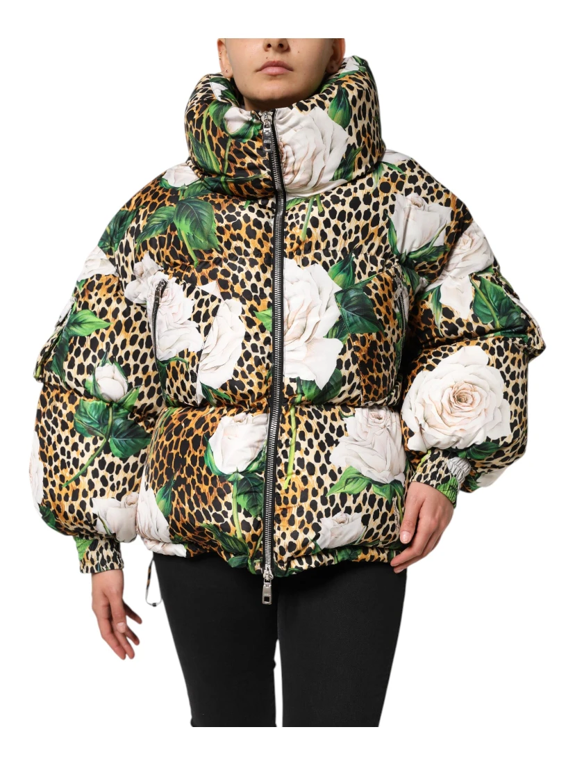 Multicolor Leopard Rose Puffer Quilted Jacket