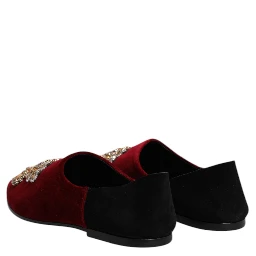 Black Red Velvet Embellished Slip On Shoes