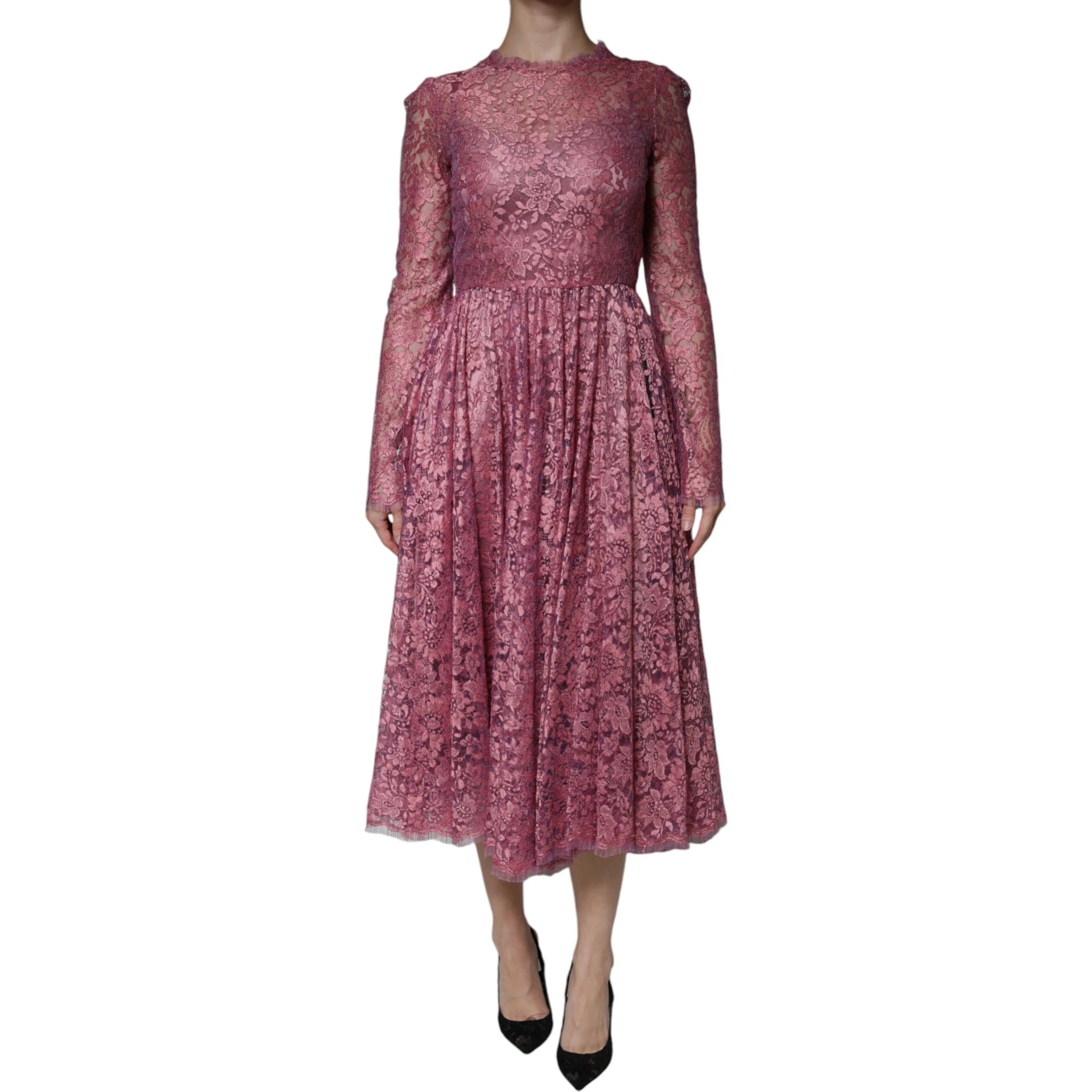 Pink Floral Lace Long Sleeve Midi Dress