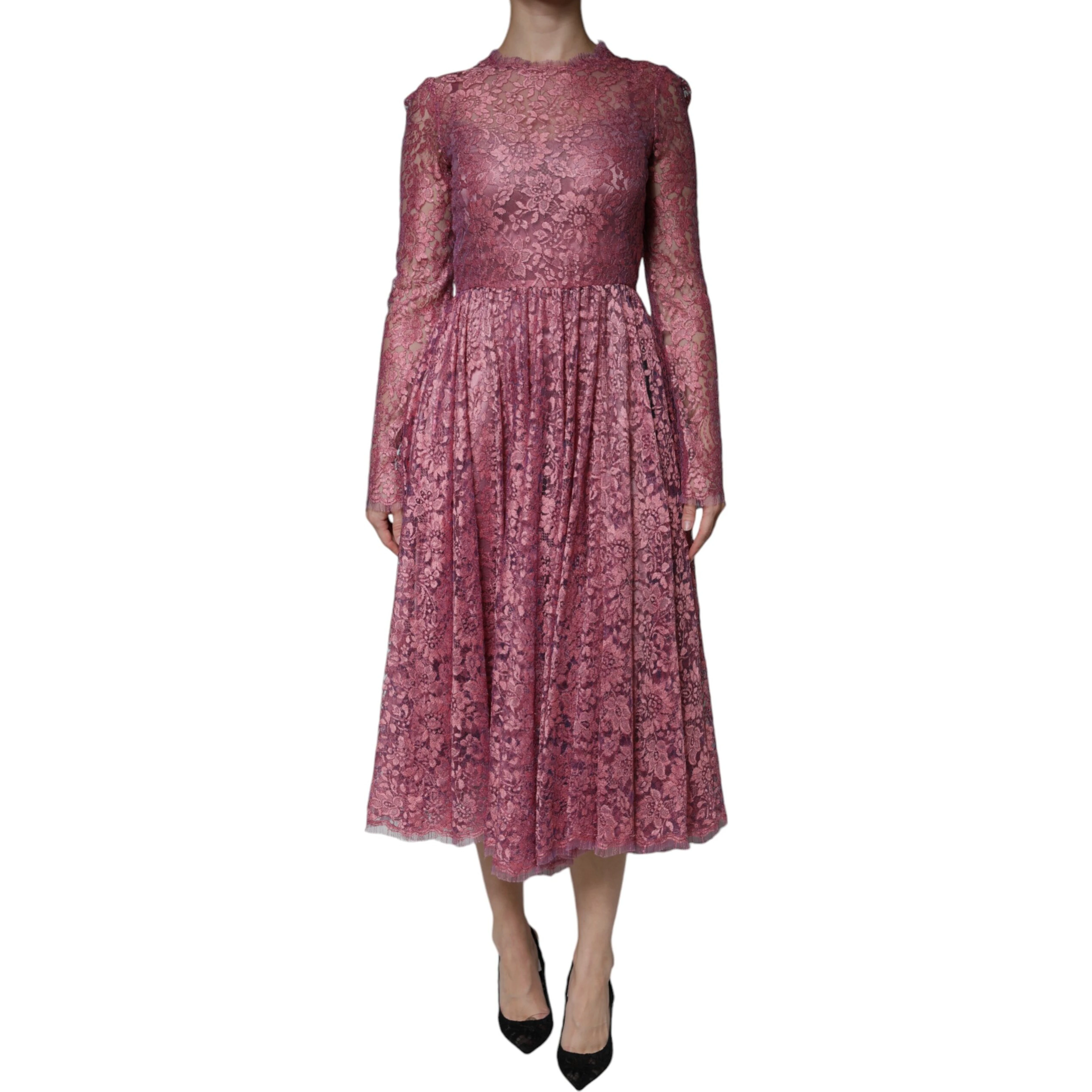 Pink Floral Lace Long Sleeve Midi Dress