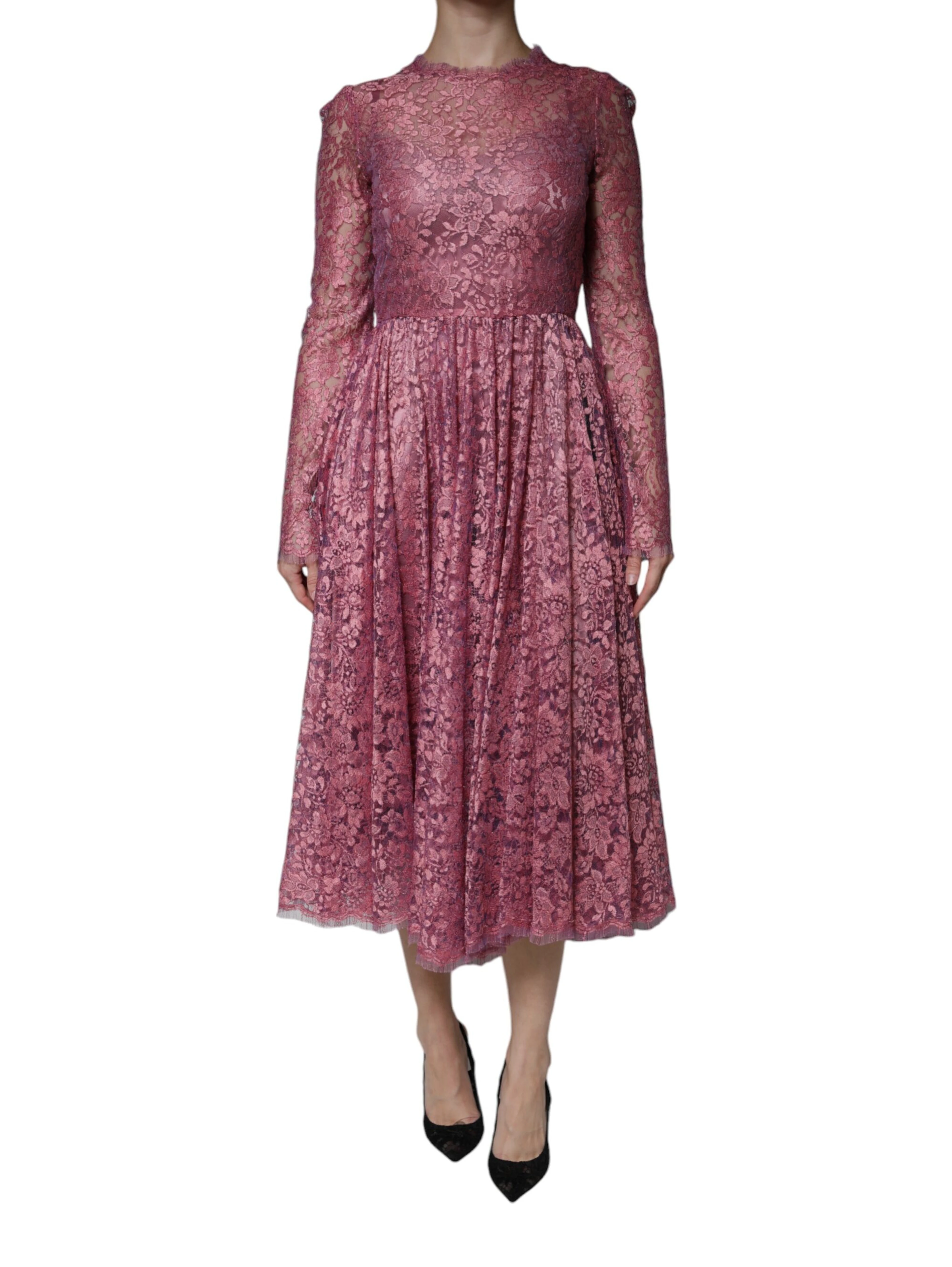 Pink Floral Lace Long Sleeve Midi Dress