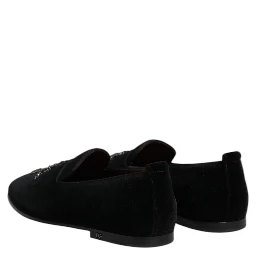 Black Velvet Embellished Loafer Slip On Shoes