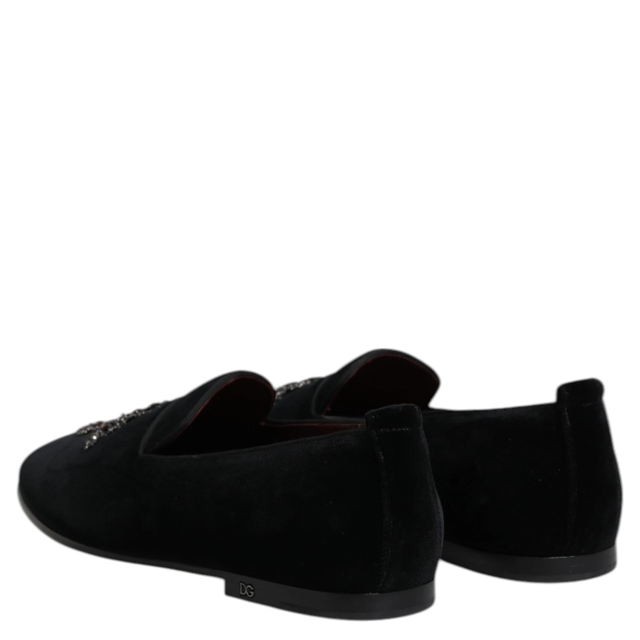 Black Velvet Embellished Loafer Slip On Shoes