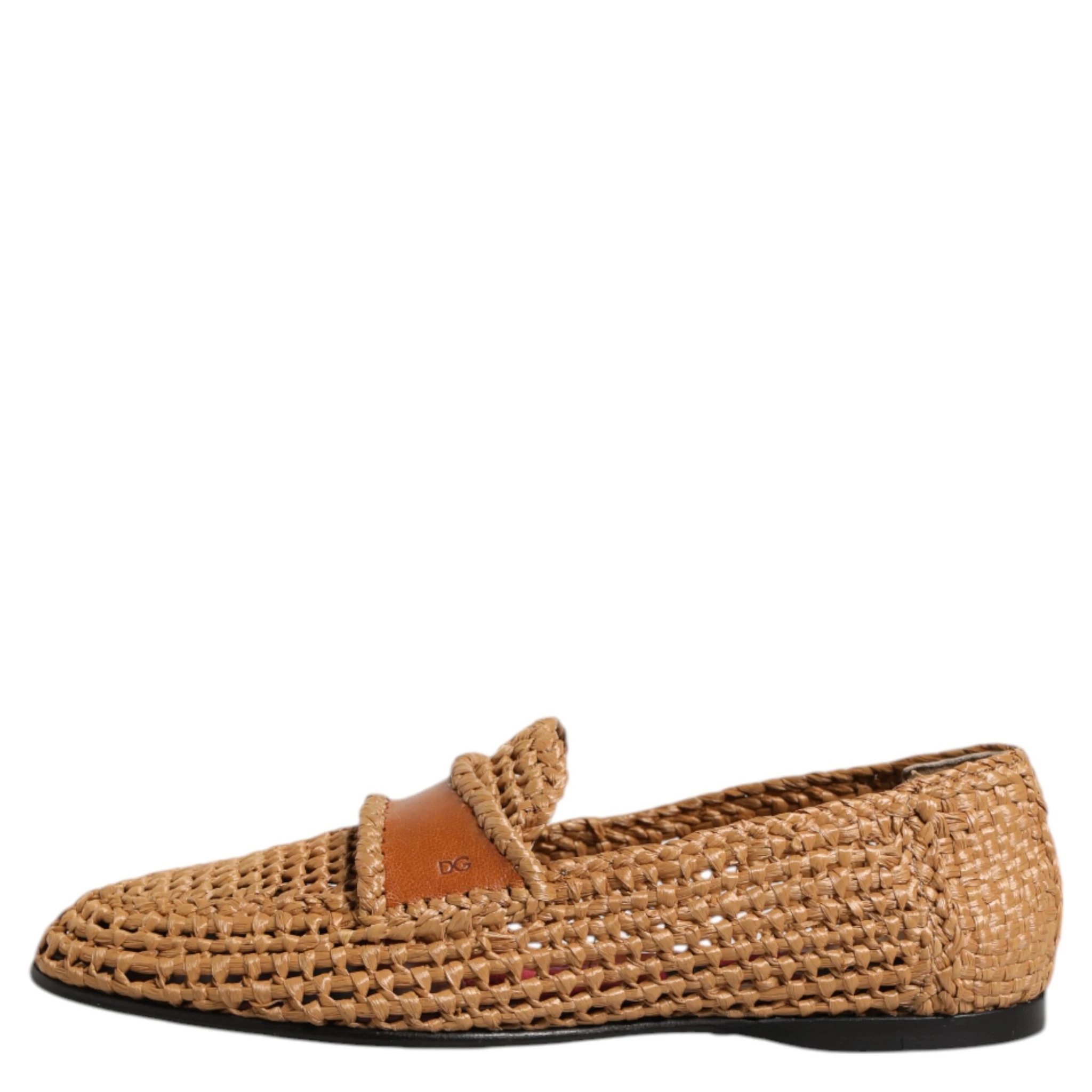 Brown Woven Raffia Slip On Loafers Shoes