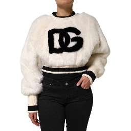 White Cropped Faux Fur DG Sweatshirt Sweater