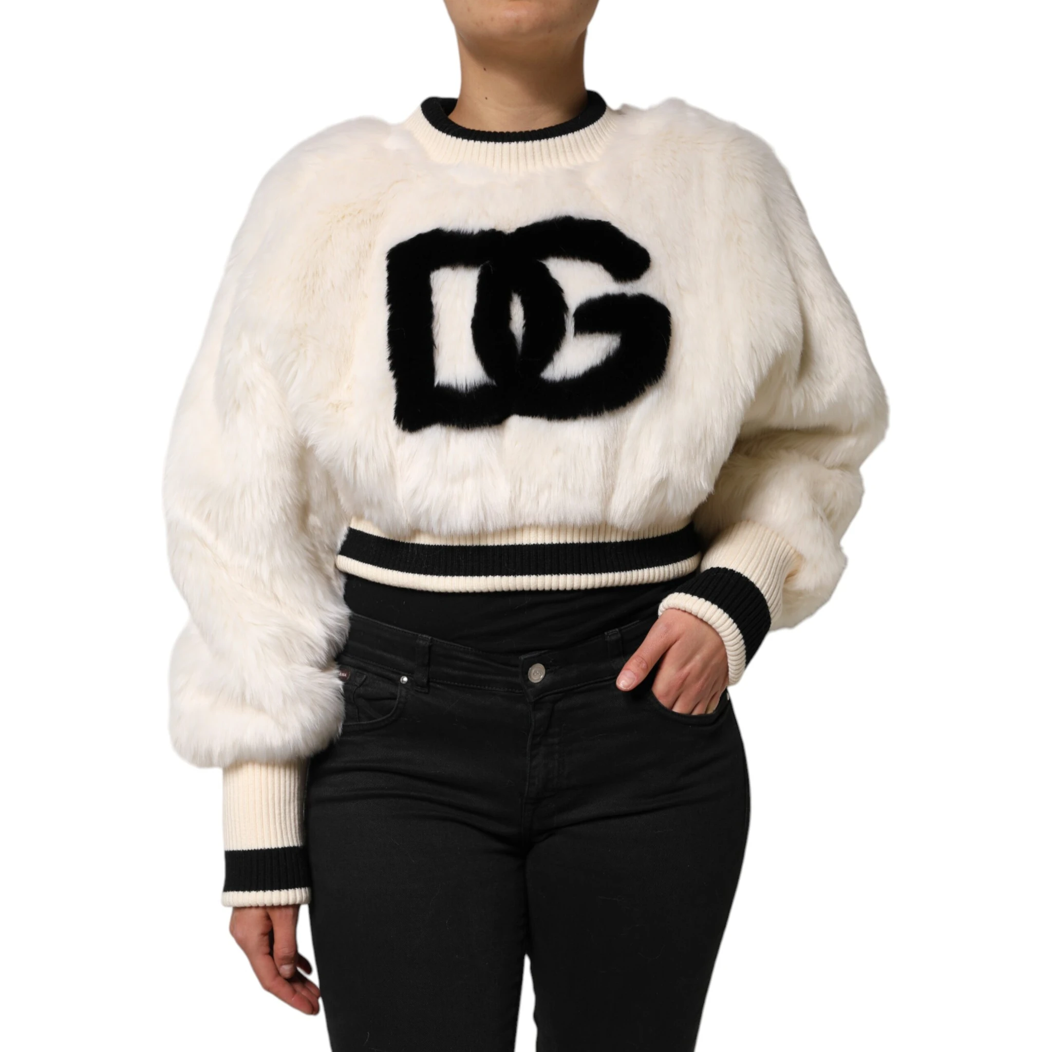 White Cropped Faux Fur DG Sweatshirt Sweater