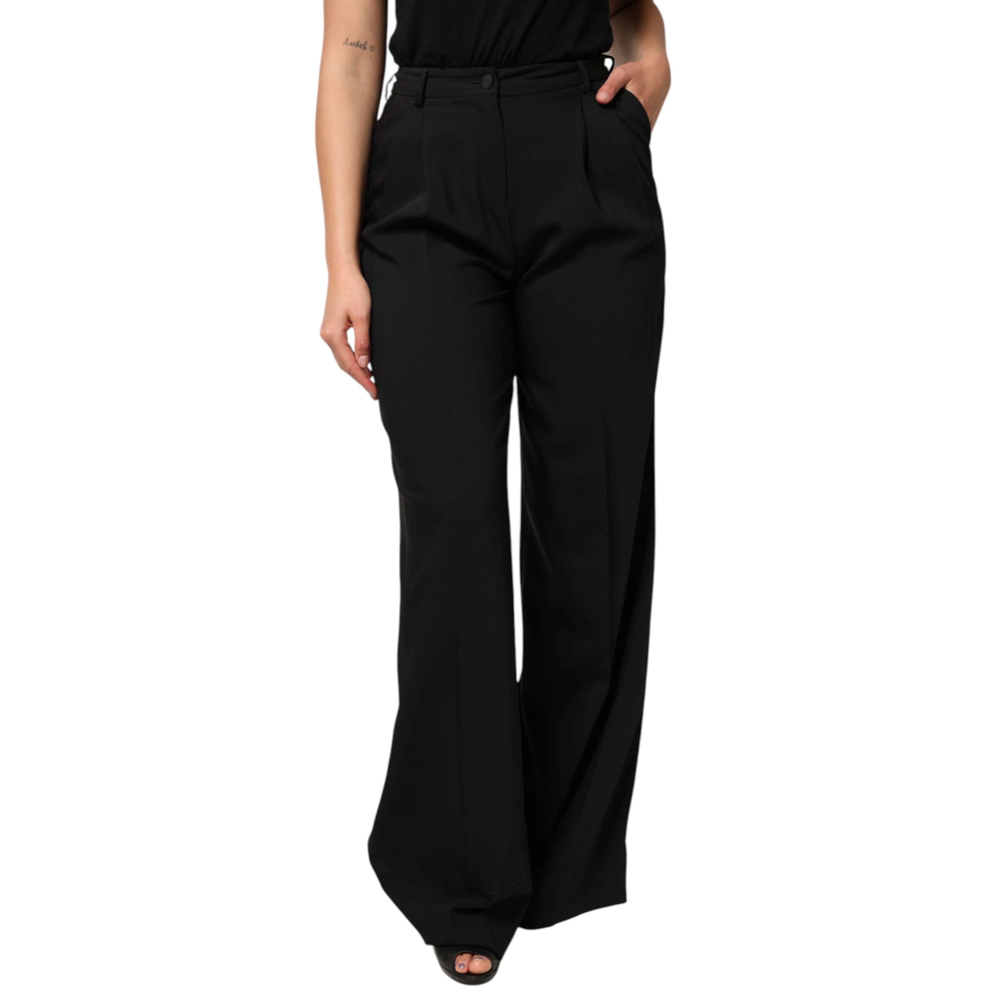 Black Wool High Waist Wide Leg Pants