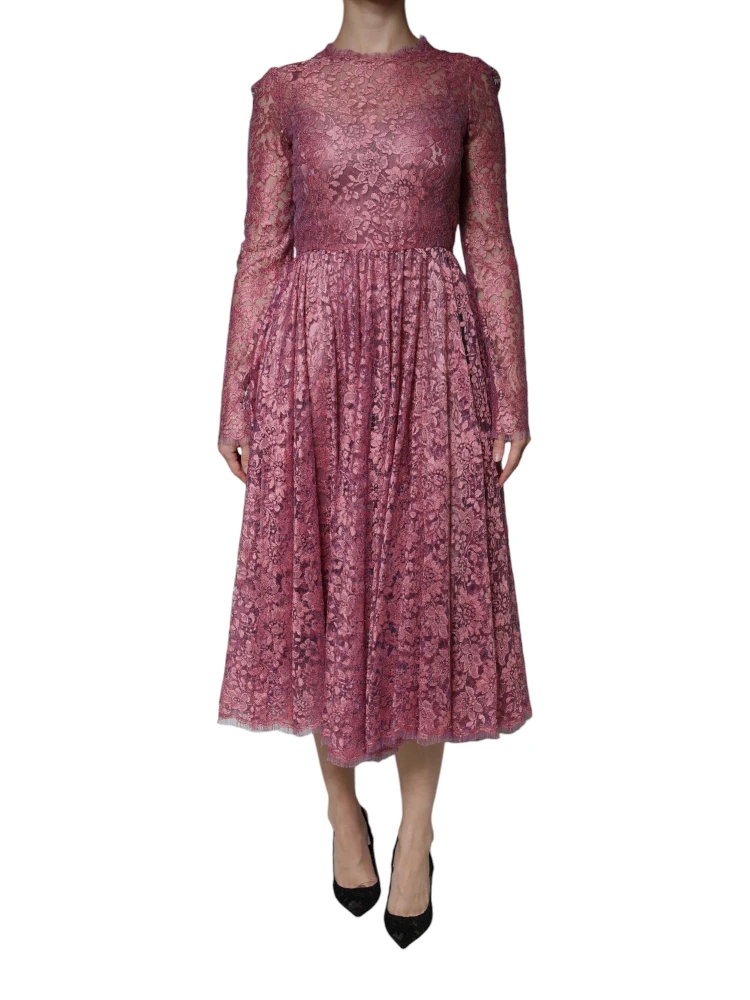Pink Floral Lace Long Sleeve Midi Dress alternative