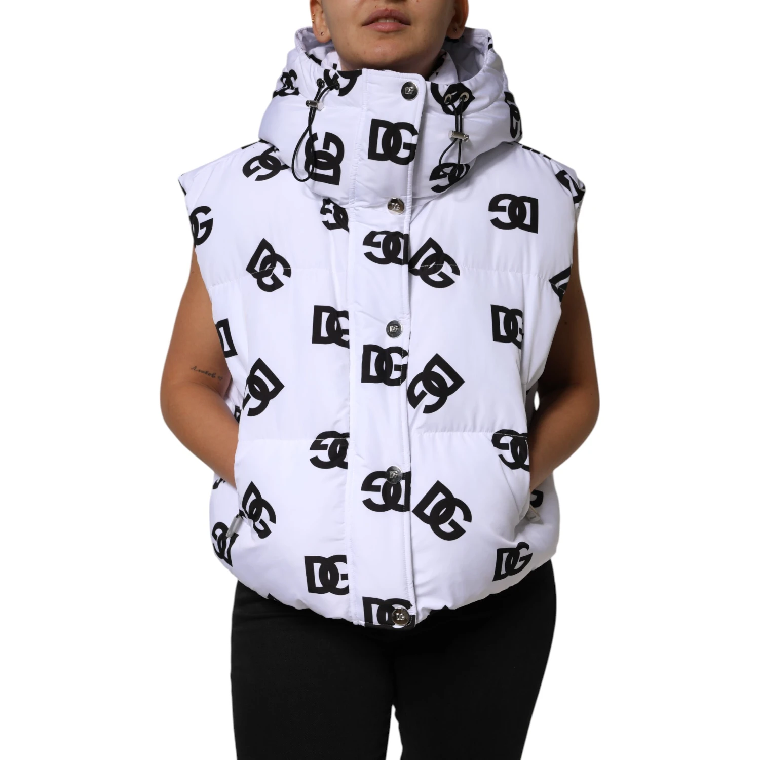 White Black DG Mania Polyester Puffer Jacket