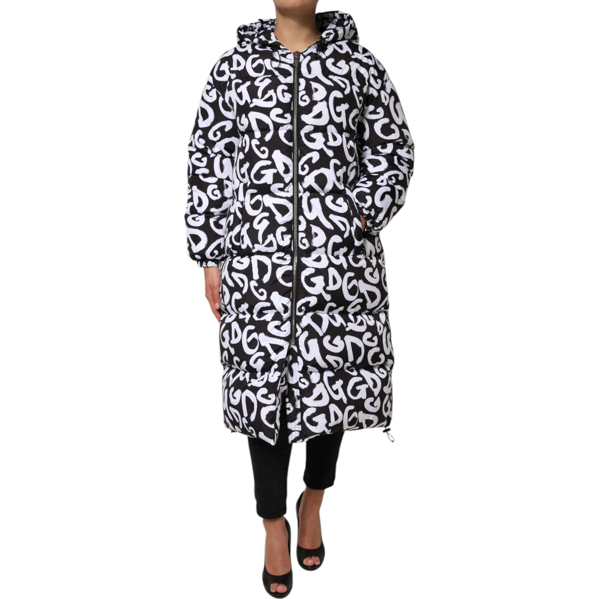 Black White DG Mania Hooded Long Coat Jacket