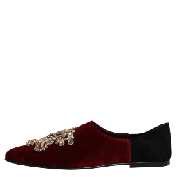 Black Red Velvet Embellished Slip On Shoes