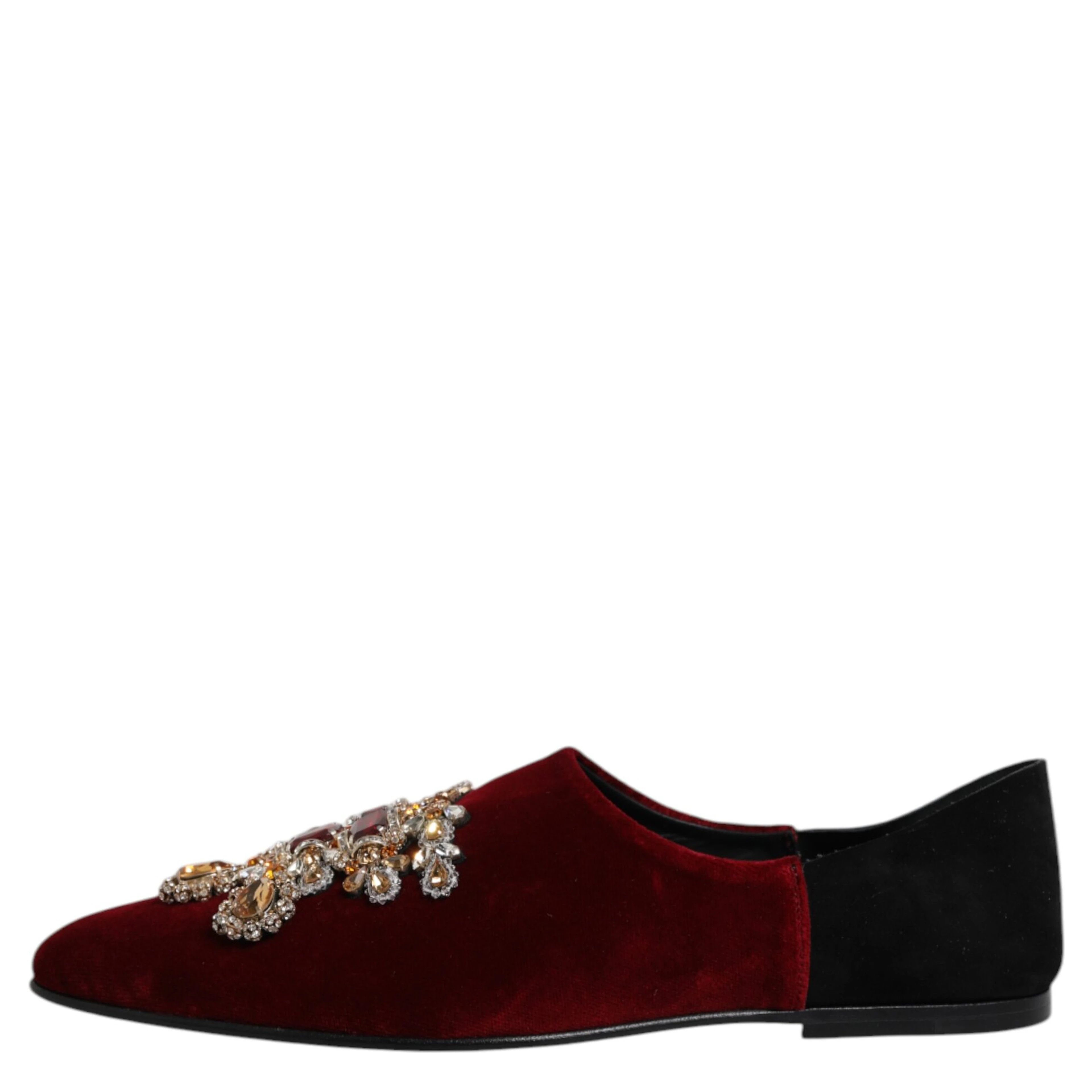 Black Red Velvet Embellished Slip On Shoes